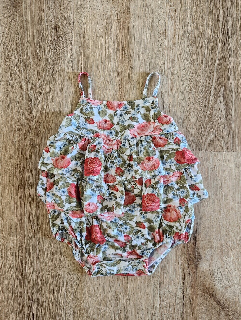 Posh Peanut Girls Alma Rose Floral Bamboo Basic Ruffled Spaghetti Romper
